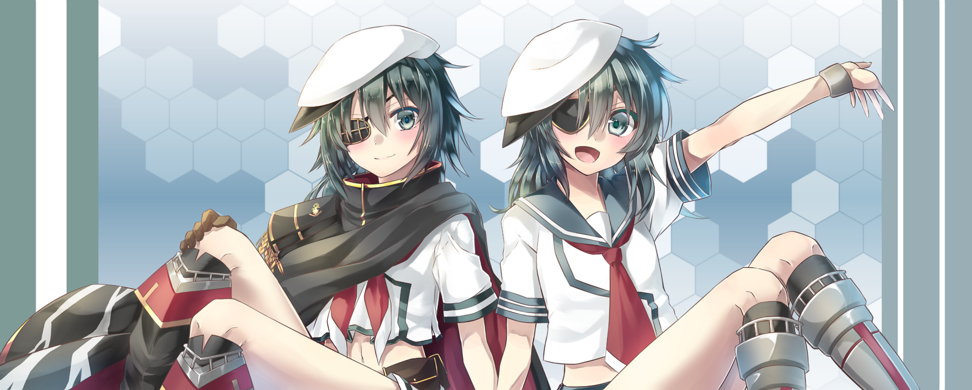 HD PC desktop wallpaper of Kiso (Kancolle) from Kantai Collection: twin anime portraits—one eyepatched—wearing sailor uniforms and berets on a hex-pattern background.