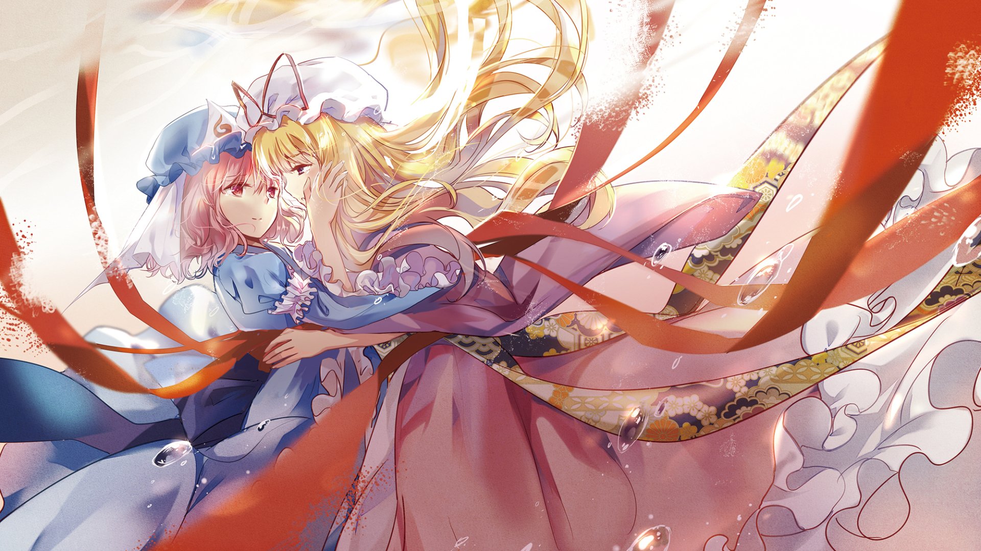 HD anime desktop wallpaper featuring Yukari Yakumo and Yuyuko Saigyouji from Touhou, depicted with flowing garments and dynamic ribbons in a vibrant, ethereal setting.