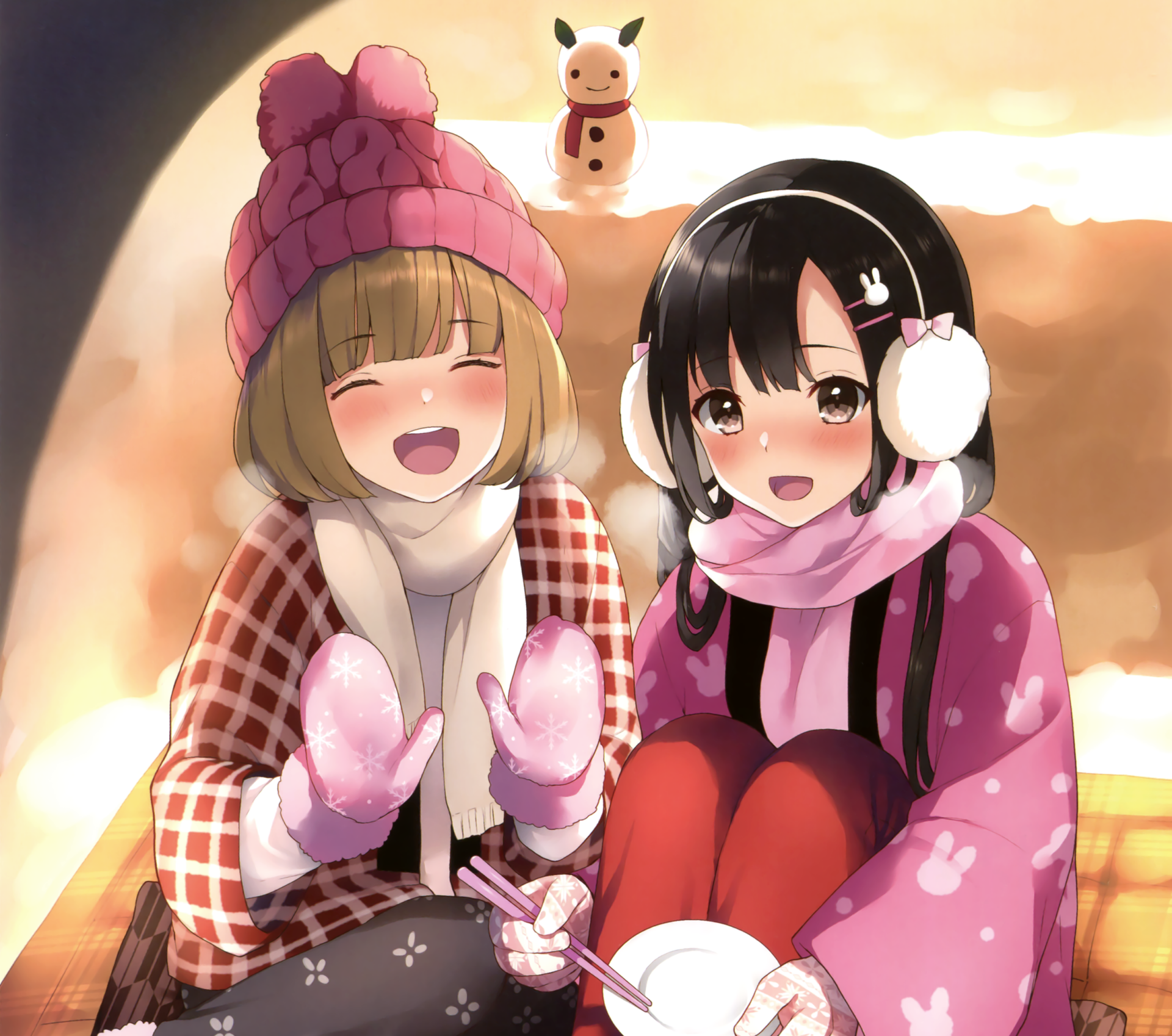 Anime-style HD desktop wallpaper featuring two smiling girls with brown eyes and blushing cheeks, wearing scarves, gloves, and winter hats, surrounded by snow.