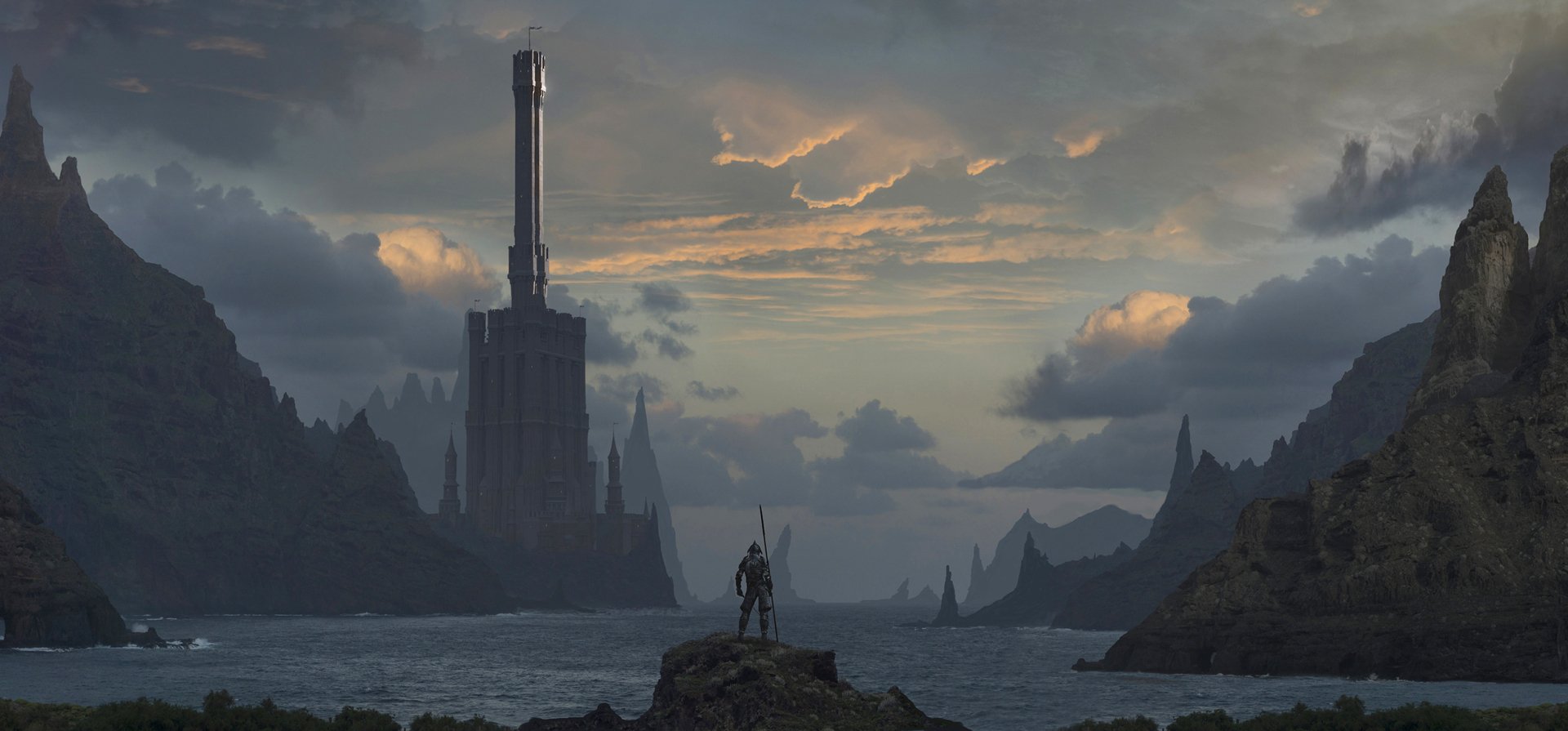 A fantasy warrior stands by a lake beneath a cloudy sky, facing a towering building in a dramatic fantasy landscape, captured in HD for a PC desktop wallpaper.