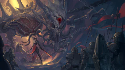 HD anime desktop wallpaper featuring a dark, original creature with multiple limbs confronting armored warriors in a moody, intense fantasy scene.