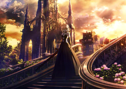 HD desktop wallpaper featuring Saber Alter from the Fate Series and Fate/Grand Order. She stands elegantly on stairs against a sunset backdrop with a gothic cathedral in the background.