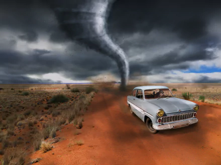 A chimpanzee drives a vintage car on a dirt road beneath a dark sky with a looming tornado, captured in a surreal 4K Ultra HD manipulated desktop wallpaper scene.