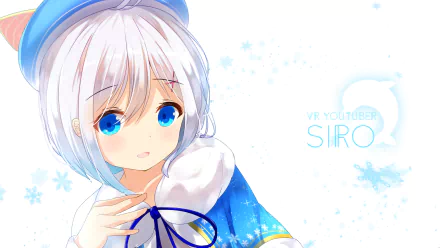 HD desktop wallpaper featuring an anime character with white hair and blue eyes, tagged as a virtual YouTuber named Siro, on a background with snowflakes and a soft color scheme.