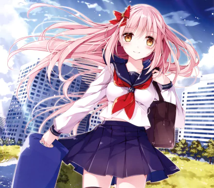 HD anime desktop wallpaper: original pink-haired girl with long flowing hair, brown eyes, a blush and smile, wearing a sailor uniform with red bow and carrying a bag against a city skyline.