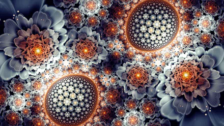 HD abstract fractal artwork featuring intricate, glowing flower patterns in a detailed, symmetrical design, serving as a vibrant PC desktop wallpaper and background.