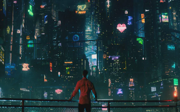 A person stands on a balcony overlooking a futuristic city filled with neon-lit skyscrapers. This HD wallpaper and background is themed from the TV show Altered Carbon.
