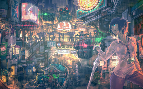 Anime Original Rain City River Umbrella HD Wallpaper | Background Image