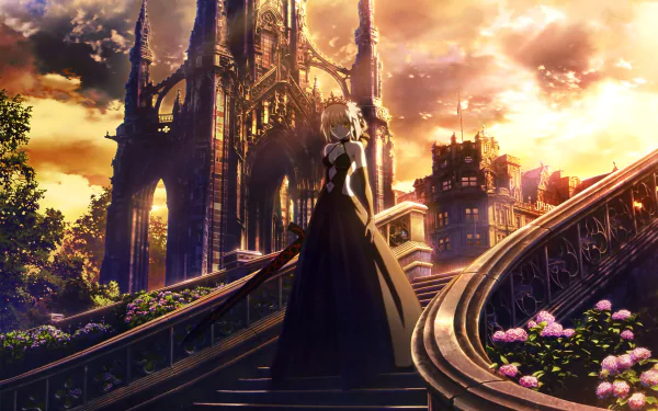 HD desktop wallpaper featuring Saber Alter from the Fate Series and Fate/Grand Order. She stands elegantly on stairs against a sunset backdrop with a gothic cathedral in the background.