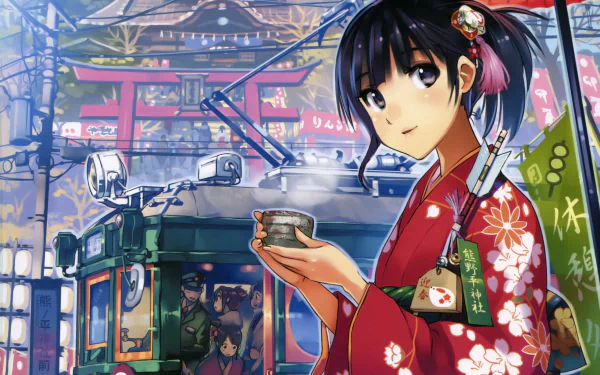 brown eyes smile black hair short hair tram parasol kimono Anime Original HD Desktop Wallpaper | Background Image