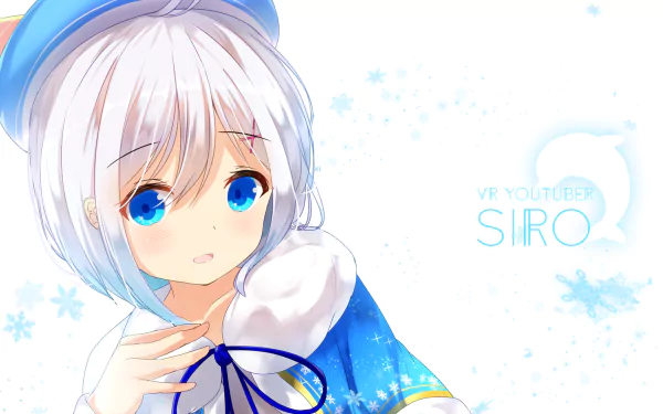 HD desktop wallpaper featuring an anime character with white hair and blue eyes, tagged as a virtual YouTuber named Siro, on a background with snowflakes and a soft color scheme.
