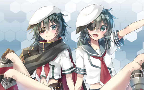 HD PC desktop wallpaper of Kiso (Kancolle) from Kantai Collection: twin anime portraits—one eyepatched—wearing sailor uniforms and berets on a hex-pattern background.