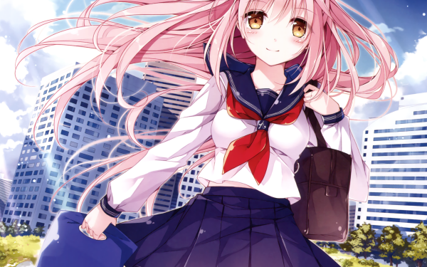 Anime Original Long Hair Pink Hair Brown Eyes Bag bow City Smile Blush HD Wallpaper | Background Image