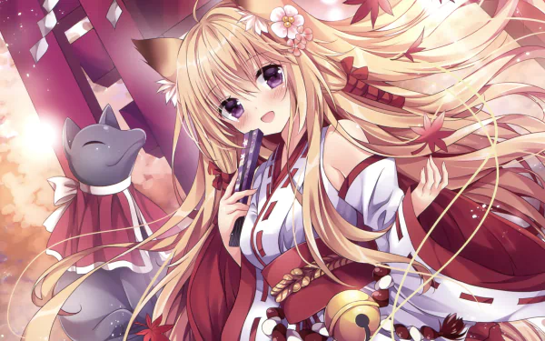 Anime-style original character with long blonde hair, purple eyes, wearing a traditional miko outfit, holding a fan, surrounded by autumn leaves and a cat, in an HD desktop wallpaper.