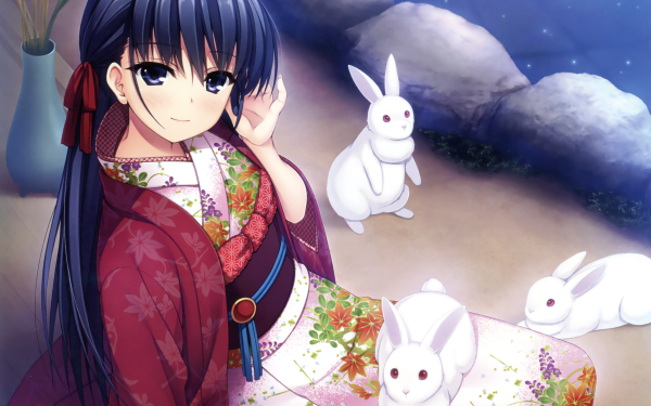 Anime Original Bunny Kimono Long Hair Black Hair Lake Smile Blush HD Wallpaper | Background Image