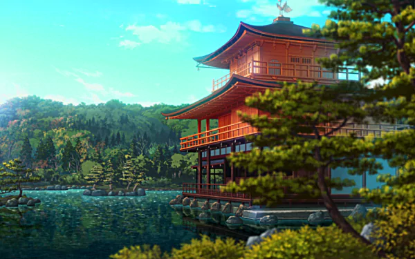 Scenic HD PC desktop wallpaper featuring an anime-style traditional Japanese building by a lake, inspired by Citrus (Anime) with lush greenery and bright skies.