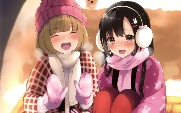 Anime-style HD desktop wallpaper featuring two smiling girls with brown eyes and blushing cheeks, wearing scarves, gloves, and winter hats, surrounded by snow.