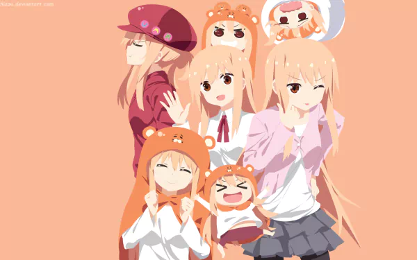 HD desktop wallpaper featuring anime character Umaru Doma from Himouto! Umaru-chan in various expressions and outfits against a peach background.