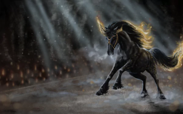 HD fantasy desktop wallpaper featuring a majestic unicorn with a flaming mane and tail, standing in a magical, smoky atmosphere with light beams shining down.