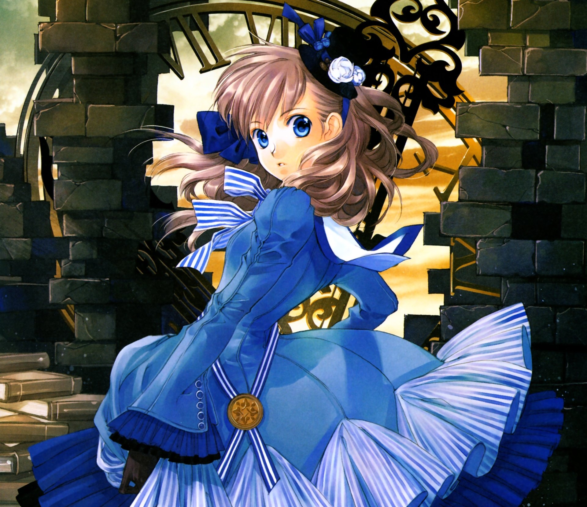 Download Clock Book Brown Hair Blue Eyes Headband Bow (Clothing) Hat Anime Original 4k Ultra HD Wallpaper by Shiina Yuu