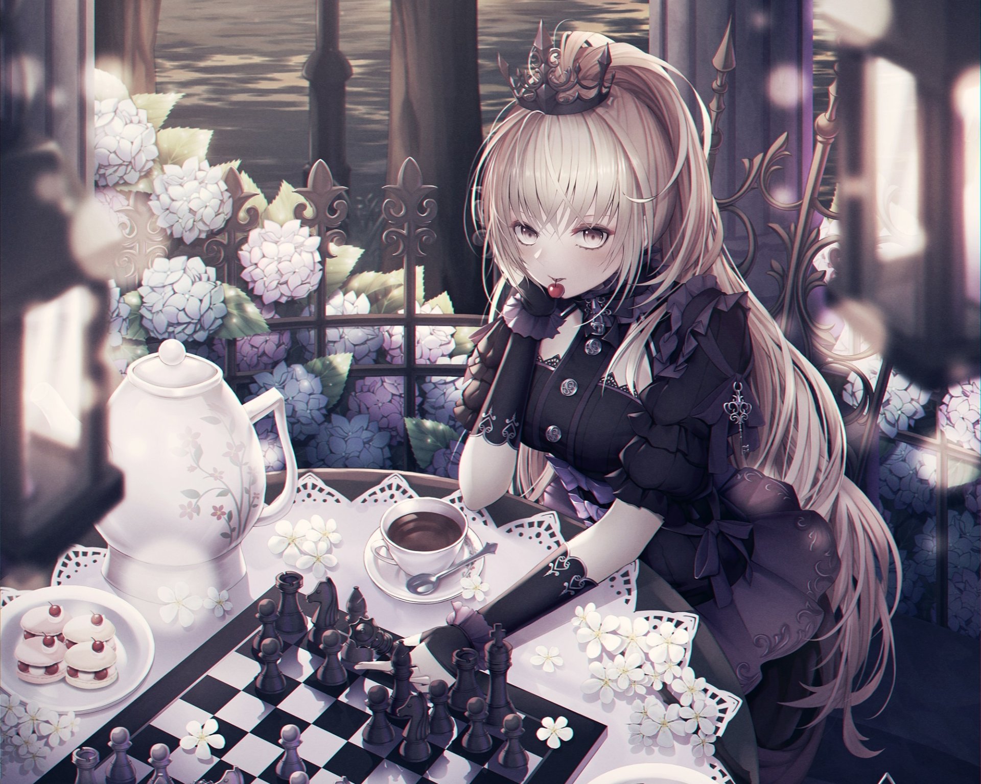 Anime-style blonde girl with long ponytail and yellow eyes wearing a crown, seated at a table with a chessboard, teapot, teacup, carnations, and flowers in a detailed HD desktop wallpaper.