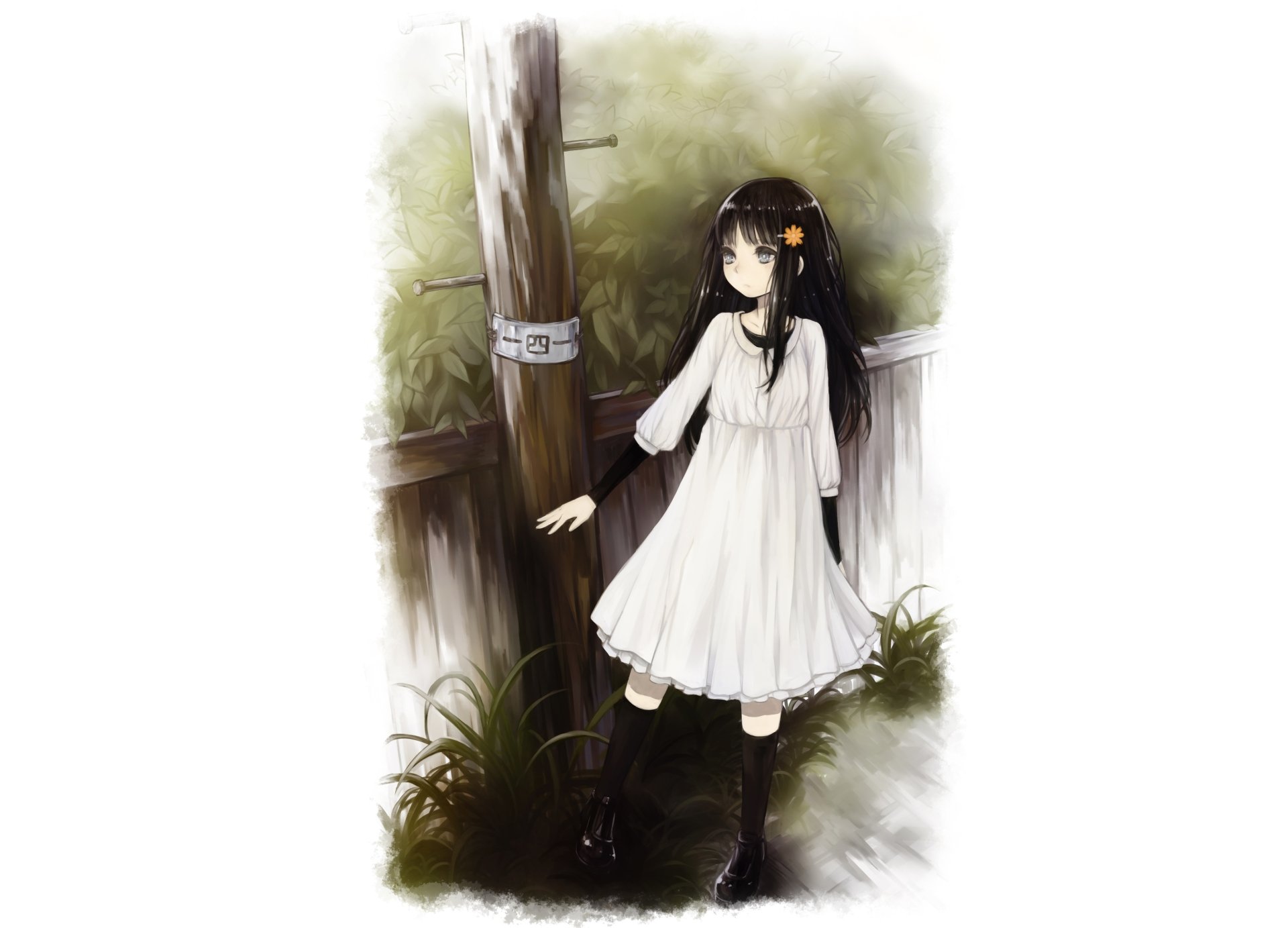 Original anime girl with long black hair and grey eyes in a white dress, standing by a wooden fence amid misty greenery — 2K Quad HD PC desktop wallpaper/background.