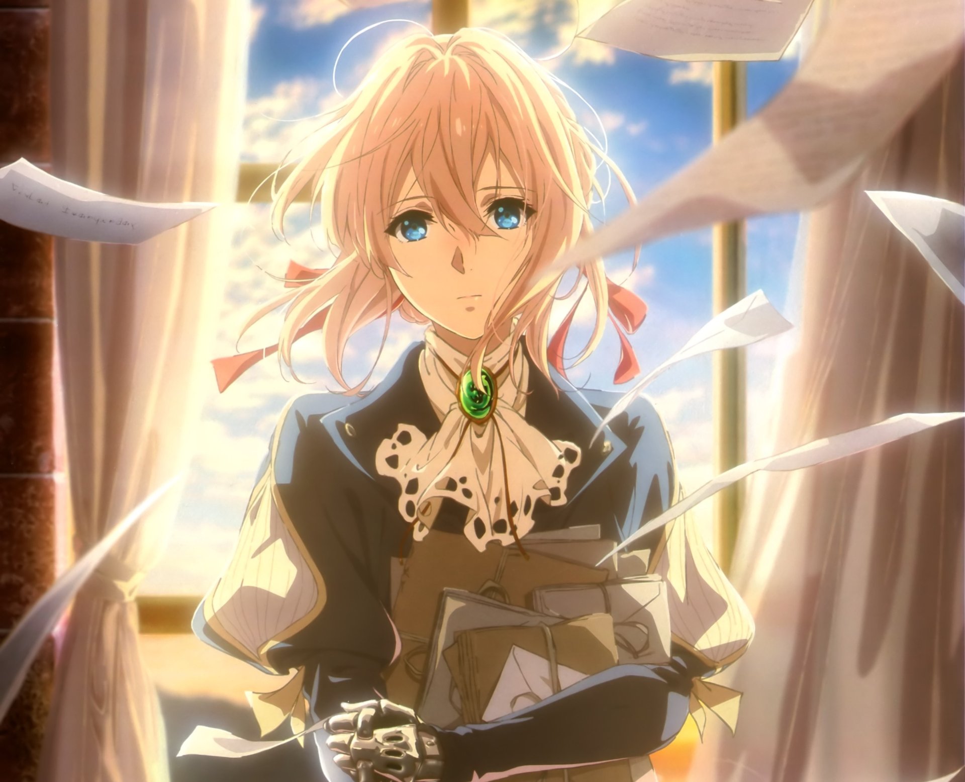 HD desktop wallpaper featuring Violet Evergarden, an anime character with blonde hair and blue eyes, standing in front of a bright window with scattered papers around her.
