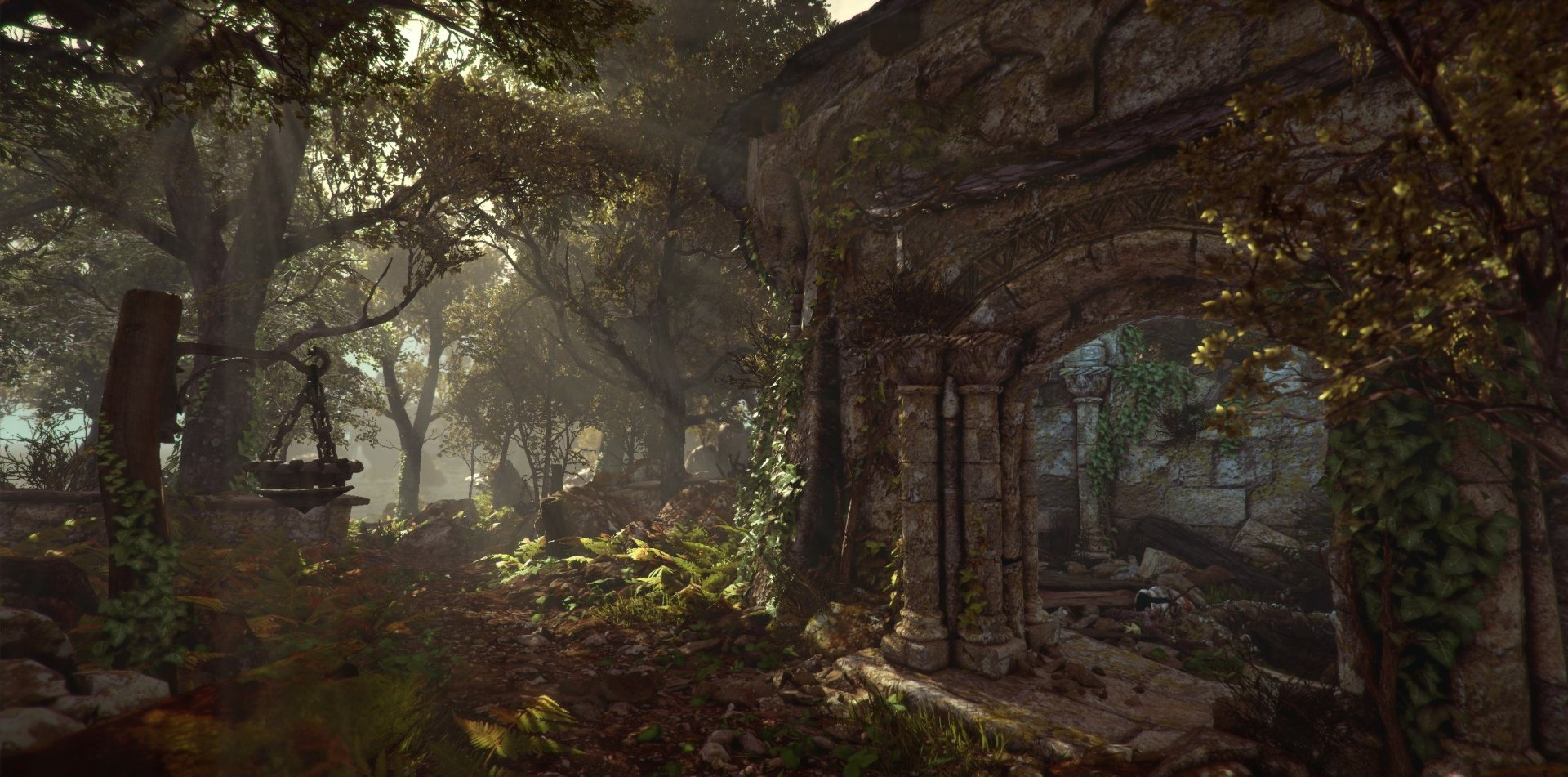 HD wallpaper featuring the mystical forest ruins from the game Ghost of a Tale.