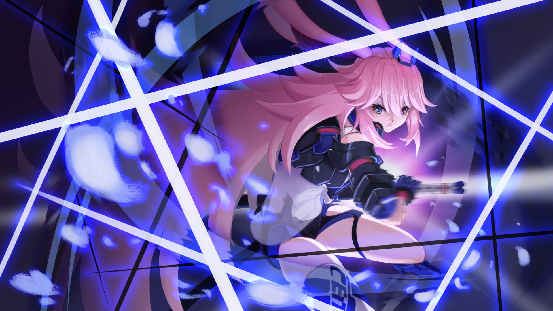 HD desktop wallpaper featuring Yae Sakura from the anime Benghuai Xueyuan, depicted with striking pink hair amid glowing blue lines and falling petals.