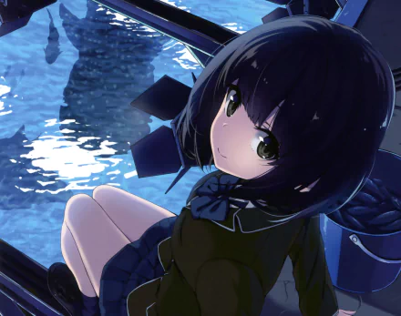 Original anime HD desktop wallpaper of a smiling short-haired girl with black hair and brown eyes wearing a bow, seated by an aquarium full of fish.