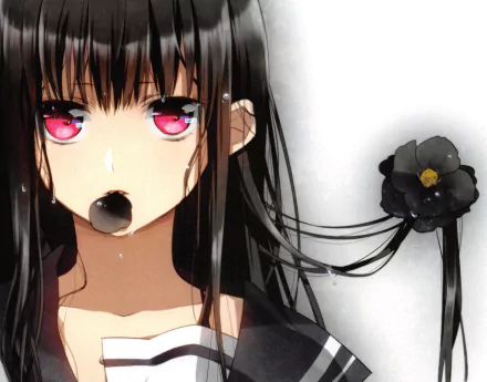 HD anime wallpaper featuring an original character with long black hair, striking red eyes, and a black flower accent, rendered in a detailed, vibrant style.