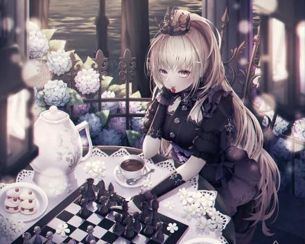 Anime-style blonde girl with long ponytail and yellow eyes wearing a crown, seated at a table with a chessboard, teapot, teacup, carnations, and flowers in a detailed HD desktop wallpaper.