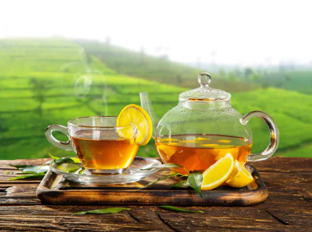 A 4K Ultra HD wallpaper featuring a clear glass teapot and cup of tea with lemon slices, set on a wooden tray against a blurred green hill background.