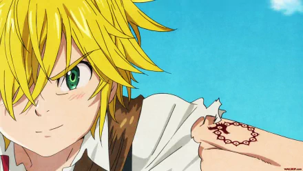 HD wallpaper featuring Meliodas from The Seven Deadly Sins anime, showcasing his distinct blonde hair and demon mark on his arm, against a clear blue sky background.