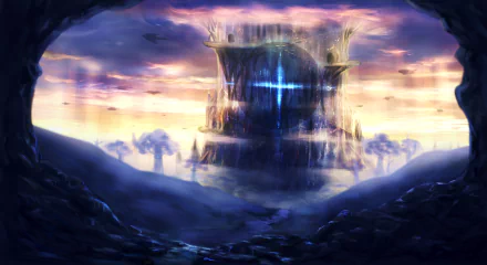 HD PC desktop wallpaper — original anime fantasy scene: a glowing fortress with cascading waterfalls and a blue cross of light, viewed from a shadowed cave entrance.