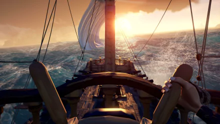 HD Sea of Thieves desktop wallpaper featuring a ship's wheel with a view of the sails and the ocean at sunset.