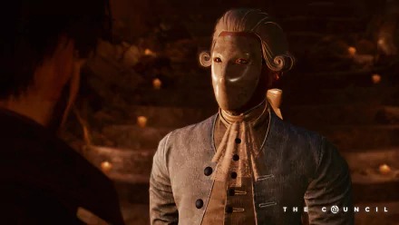 HD wallpaper of a masked character from The Council game, poised for intrigue with a warm, moody backdrop.