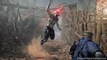 HD wallpaper from Metal Gear Survive depicting an action scene with a character aiming at a leaping enemy with a crystalline head.