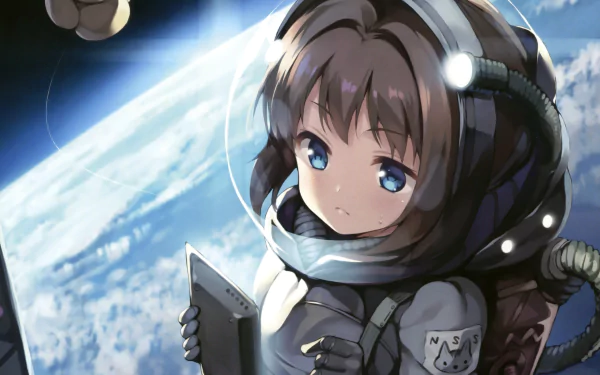 Anime-style astronaut with short brown hair and blue eyes floats in space with Earth visible in the background, detailed in HD for a PC desktop wallpaper.