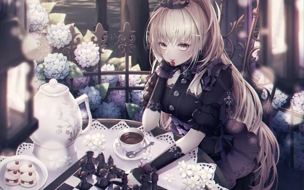Anime-style blonde girl with long ponytail and yellow eyes wearing a crown, seated at a table with a chessboard, teapot, teacup, carnations, and flowers in a detailed HD desktop wallpaper.
