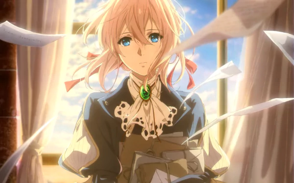 HD desktop wallpaper featuring Violet Evergarden, an anime character with blonde hair and blue eyes, standing in front of a bright window with scattered papers around her.