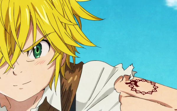 HD wallpaper featuring Meliodas from The Seven Deadly Sins anime, showcasing his distinct blonde hair and demon mark on his arm, against a clear blue sky background.