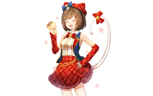 Miku Maekawa (The iDOLM@STER Cinderella Girls) — cheerful anime idol in a red plaid stage outfit with a bow, posing; 4K Ultra HD PC desktop wallpaper/background.