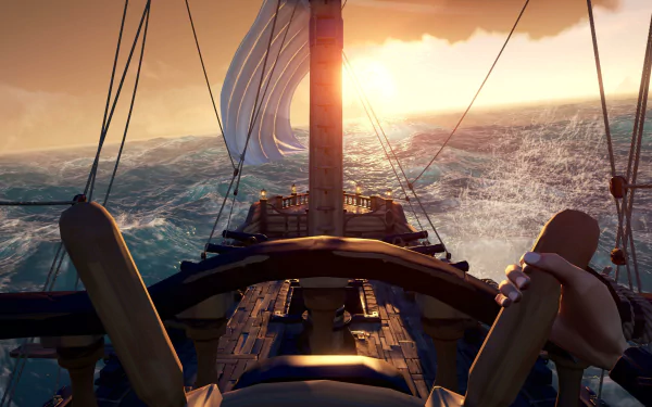 HD Sea of Thieves desktop wallpaper featuring a ship's wheel with a view of the sails and the ocean at sunset.