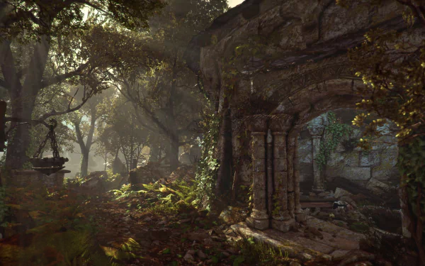 HD wallpaper featuring the mystical forest ruins from the game Ghost of a Tale.