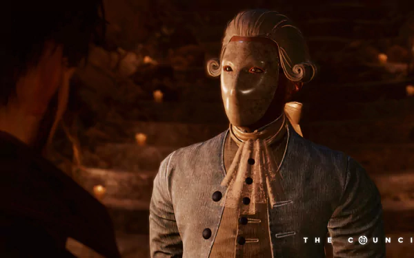 HD wallpaper of a masked character from The Council game, poised for intrigue with a warm, moody backdrop.