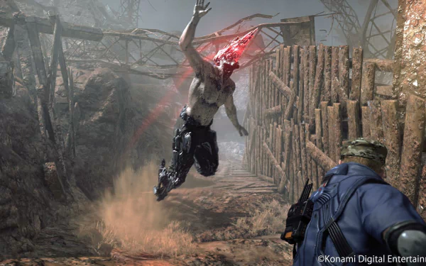 HD wallpaper from Metal Gear Survive depicting an action scene with a character aiming at a leaping enemy with a crystalline head.