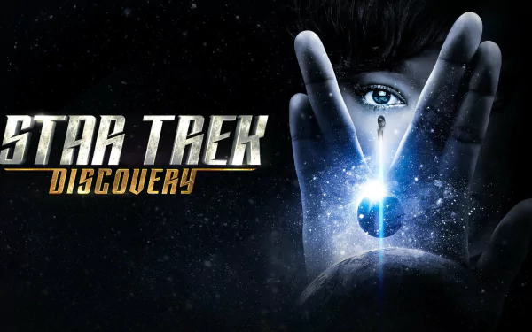 HD desktop wallpaper featuring Star Trek: Discovery with a mysterious figure peering through a Vulcan salute, against a cosmic backdrop.