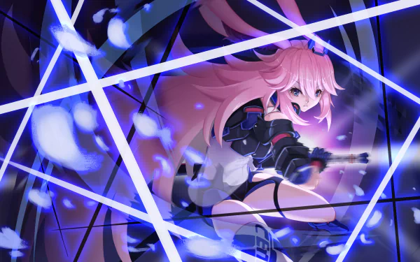 HD desktop wallpaper featuring Yae Sakura from the anime Benghuai Xueyuan, depicted with striking pink hair amid glowing blue lines and falling petals.
