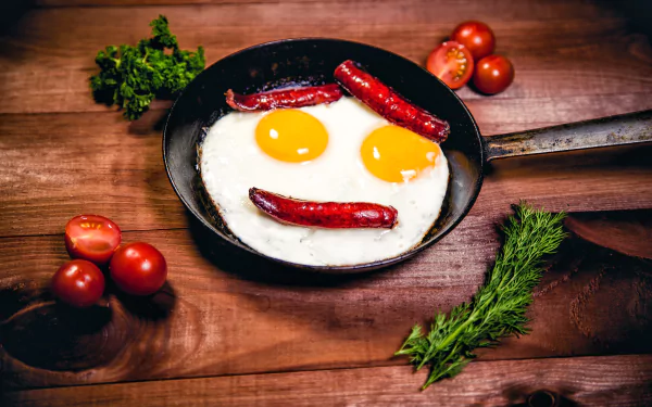 A 4K Ultra HD still life desktop wallpaper featuring a frying pan with two sunny-side-up eggs and sausages arranged to resemble a smiling face, surrounded by fresh tomatoes and herbs.